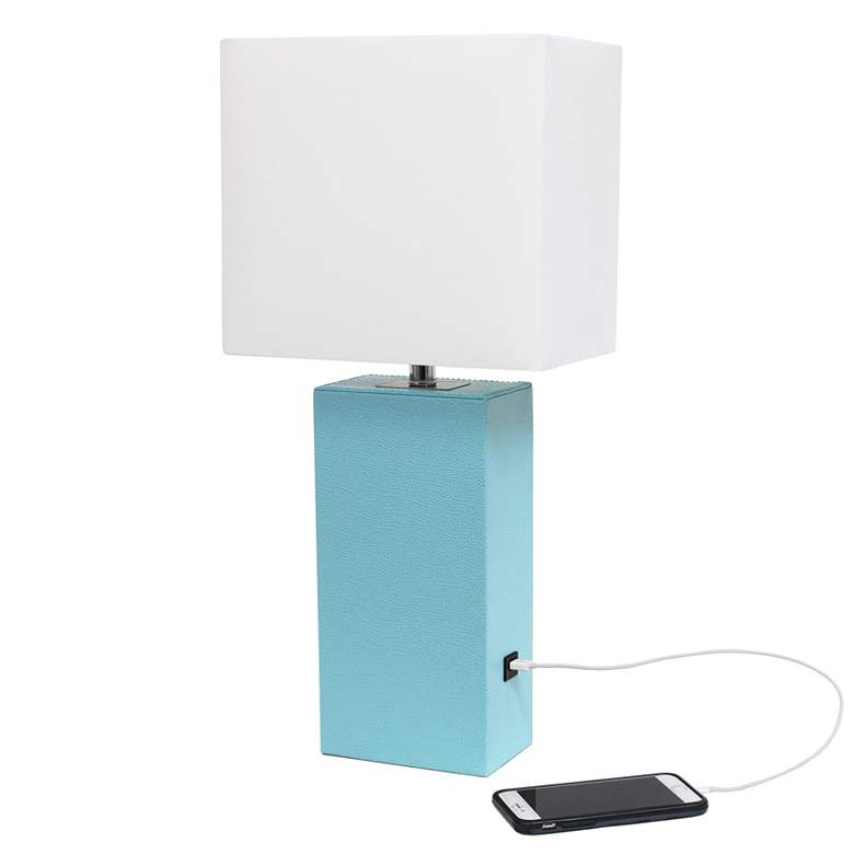 Image 1 Elegant Designs 21" Leather Wrapped Lamp w/ USB Port, Aqua, With LED B