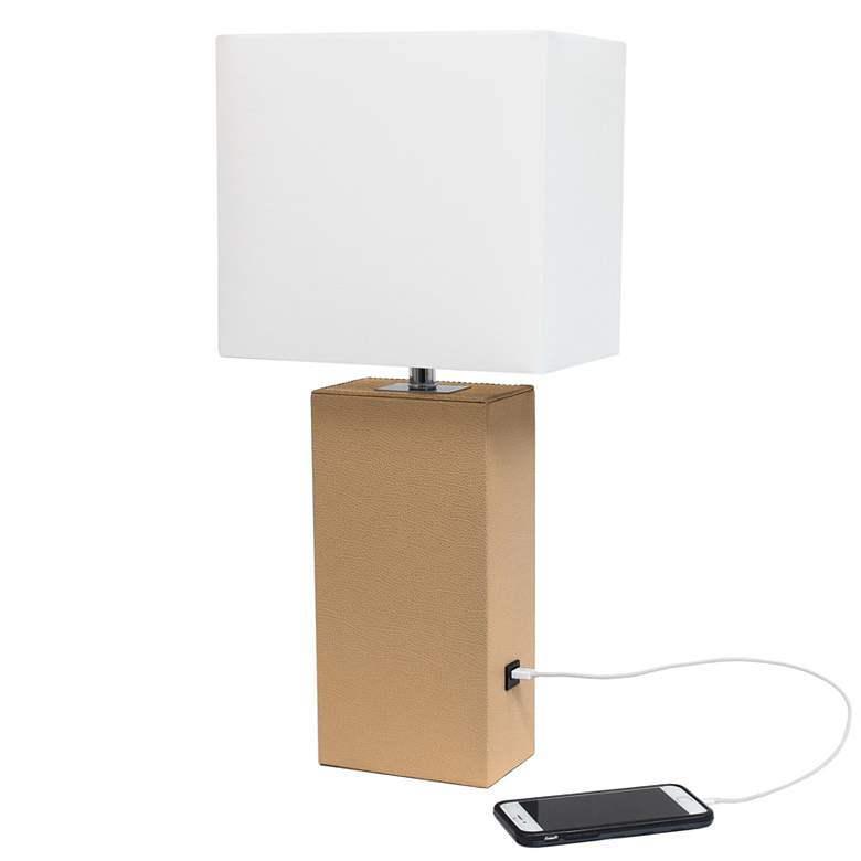 Image 1 Elegant Designs 21" Leather Wrapped Lamp w/ USB Port, Beige, With LED