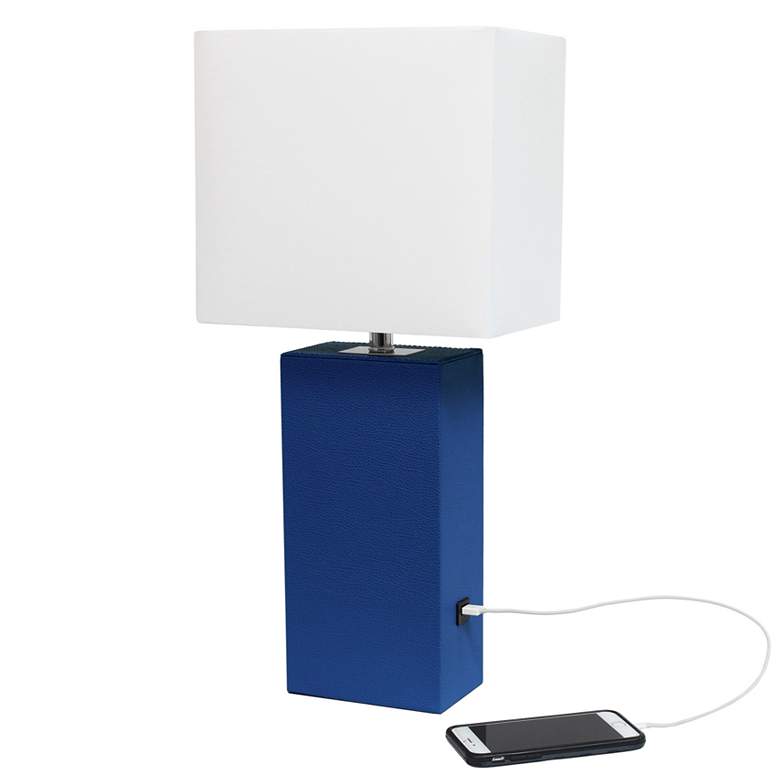 Image 1 Elegant Designs 21" Leather Wrapped Lamp w/ USB Port, Blue, With LED B