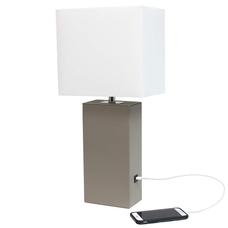 Image 1 Elegant Designs 21" Leather Wrapped Lamp w/ USB Port, Gray, With LED B