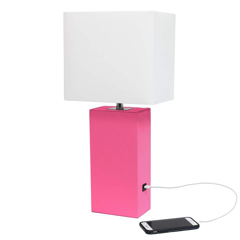 Image 1 Elegant Designs 21" Leather Wrapped Lamp w/ USB Port, Hot Pink, w/ LED