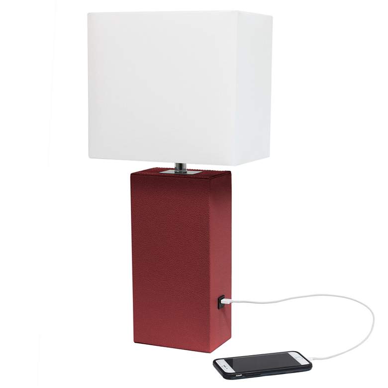 Image 1 Elegant Designs 21" Leather Wrapped Lamp w/ USB Port, Red, With LED Bu