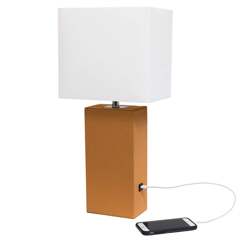 Image 1 Elegant Designs 21" Leather Wrapped Lamp w/ USB Port, Tan, With LED Bu