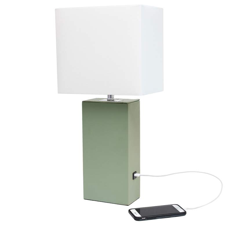 Image 1 Elegant Designs 21" Leather Wrapped Lamp w/ USB, Sage Green, With LED