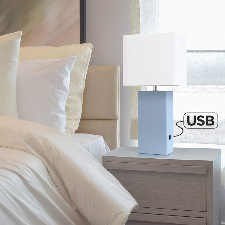Image 1 Elegant Designs 21" Periwinkle Blue Leather Table Lamp with USB Port