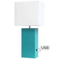 Elegant Designs 21&quot; Teal Leather Table Lamp with USB Port