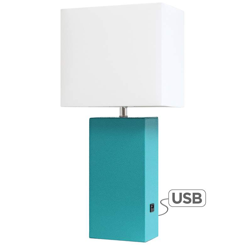 Image 2 Elegant Designs 21 inch Teal Leather Table Lamp with USB Port