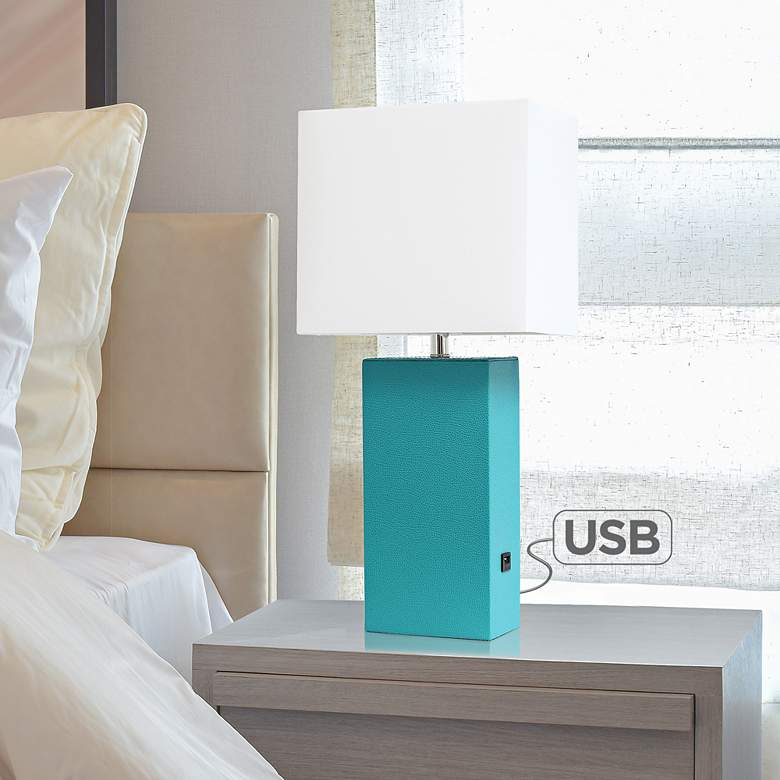 Image 1 Elegant Designs 21 inch Teal Leather Table Lamp with USB Port