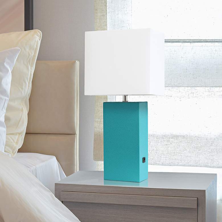 Image 1 Elegant Designs 21 inch Teal Leather Table Lamp with USB Port