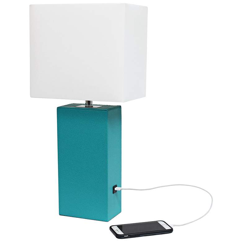 Image 4 Elegant Designs 21" Teal Leather Table Lamp with USB Port more views