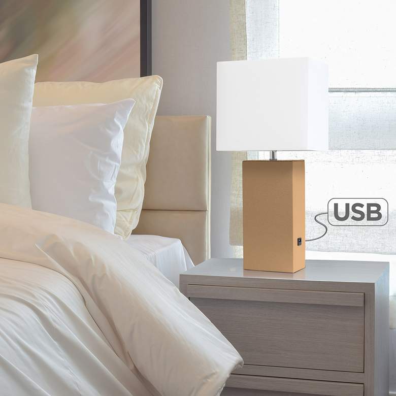 Image 1 Elegant Designs Beige Leather Table Lamp with USB Port