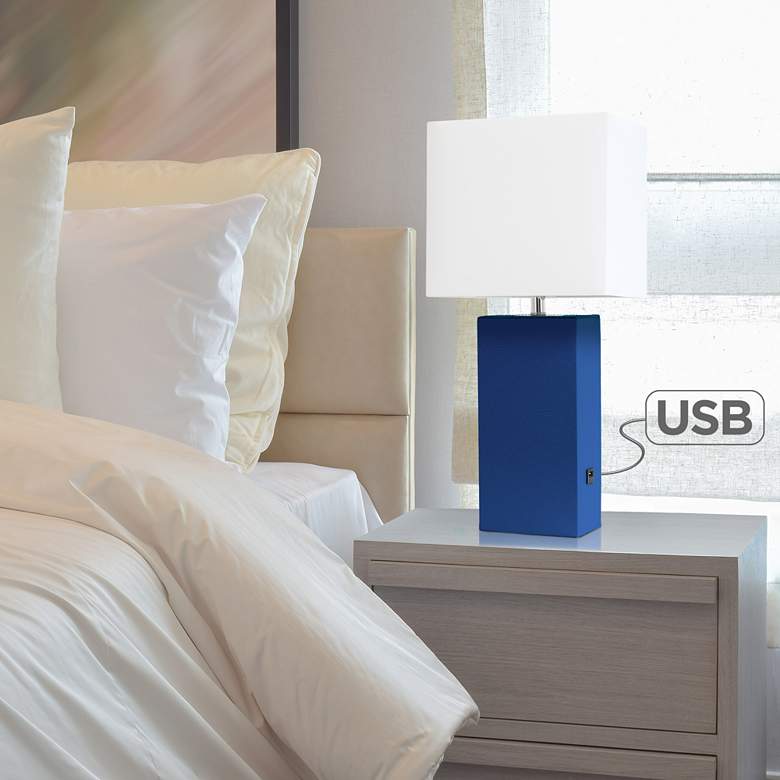 Image 1 Elegant Designs Blue Leather Table Lamp with USB Port
