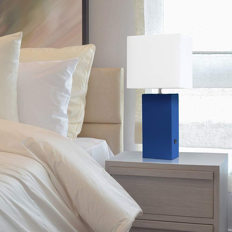 Image 1 Elegant Designs Blue Leather Table Lamp with USB Port