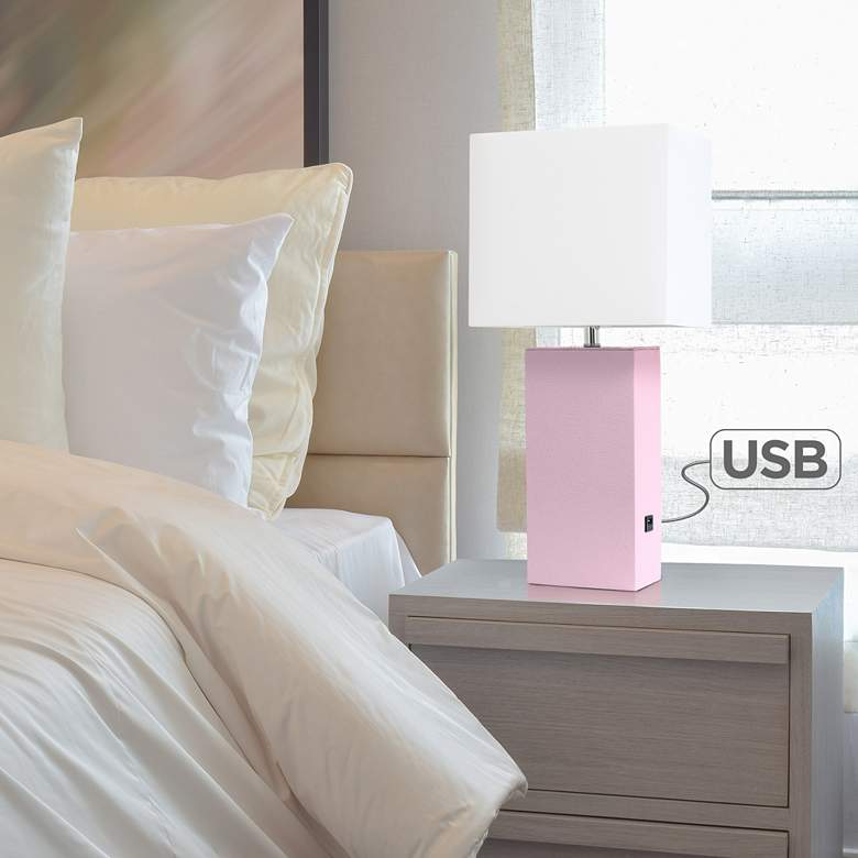 Image 1 Elegant Designs Blush Pink Leather Table Lamp with USB Port