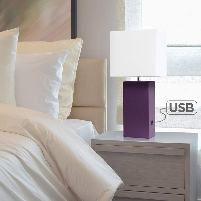 Image 1 Elegant Designs Eggplant Leather Table Lamp with USB Port