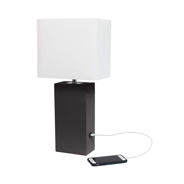 Image 5 Elegant Designs Espresso Brown Leather Table Lamp with USB Port more views