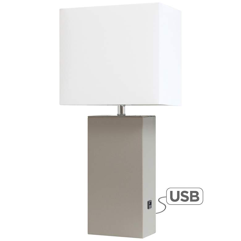 Image 2 Elegant Designs Gray Leather Table Lamp with USB Port