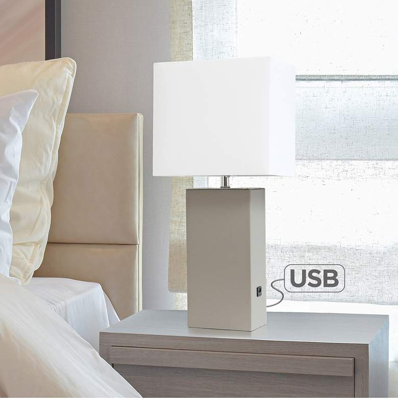 Image 1 Elegant Designs Gray Leather Table Lamp with USB Port