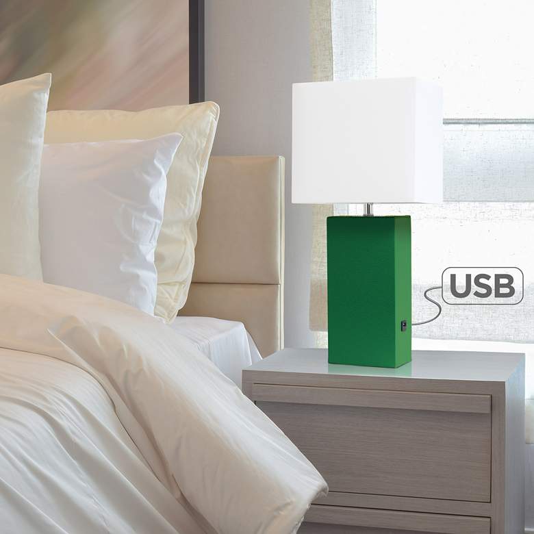 Image 1 Elegant Designs Green Leather Table Lamp with USB Port