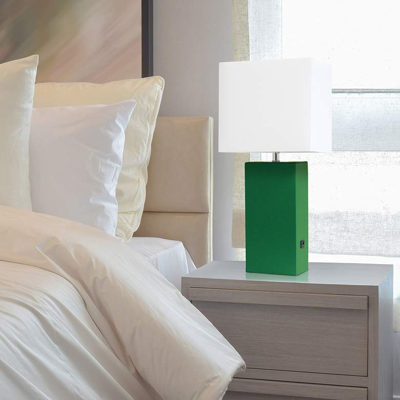 Image 1 Elegant Designs Green Leather Table Lamp with USB Port