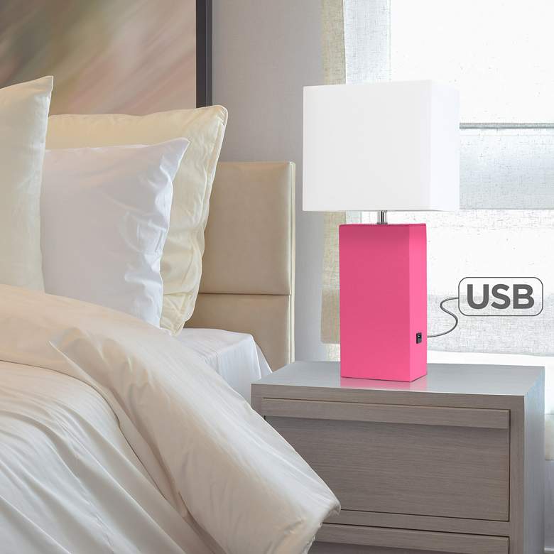 Image 1 Elegant Designs Hot Pink 21 inch Leather Table Lamp with USB Port