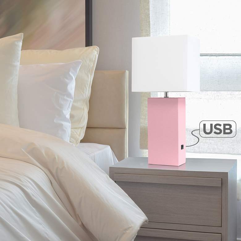 Image 1 Elegant Designs Pink Leather Table Lamp with USB Port