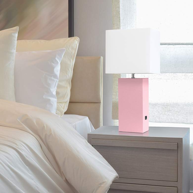 Image 1 Elegant Designs Pink Leather Table Lamp with USB Port