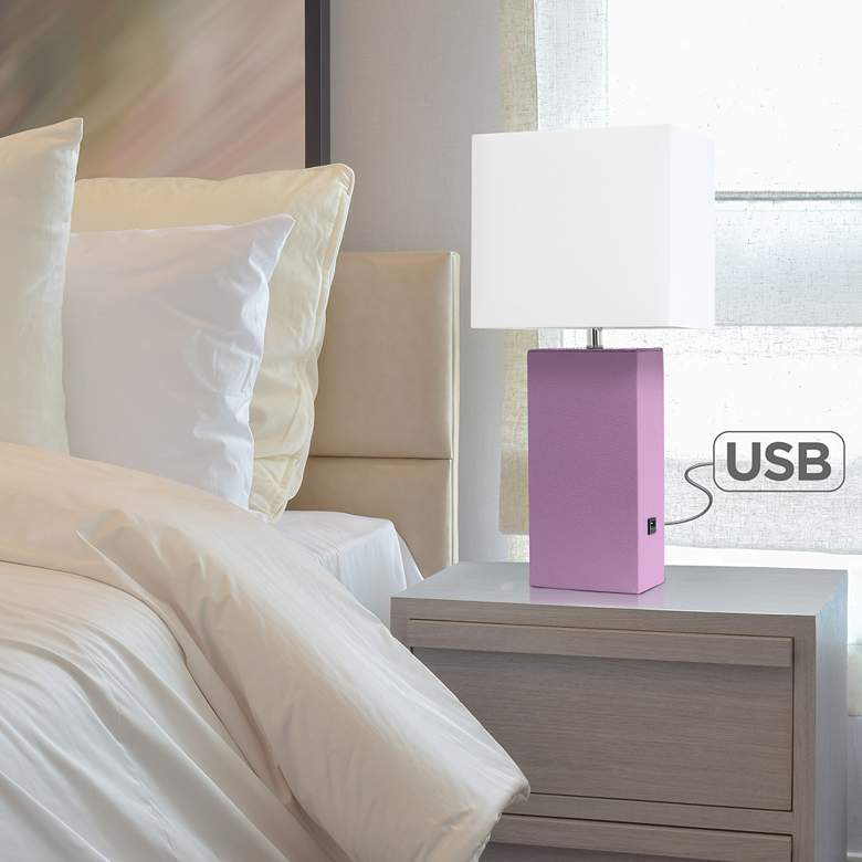 Image 1 Elegant Designs Purple Leather Table Lamp with USB Port