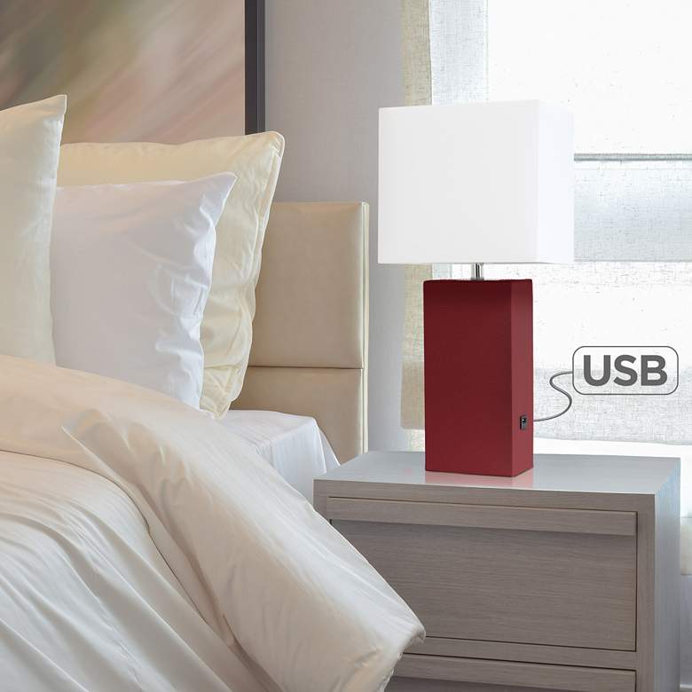 Image 1 Elegant Designs Red Leather Table Lamp with USB Port