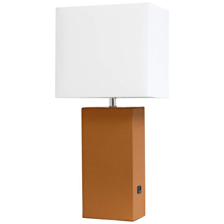 Image 2 Elegant Designs Tan Leather Table Lamp with USB Port