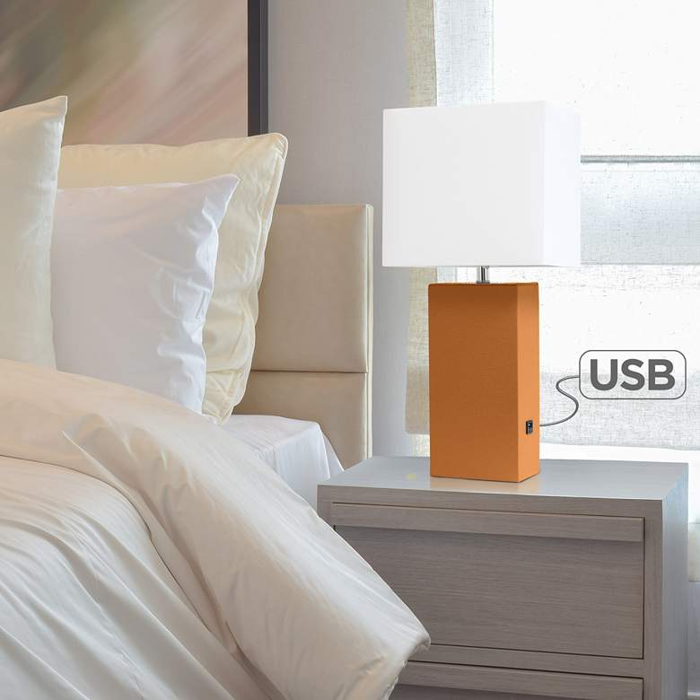 Image 1 Elegant Designs Tan Leather Table Lamp with USB Port