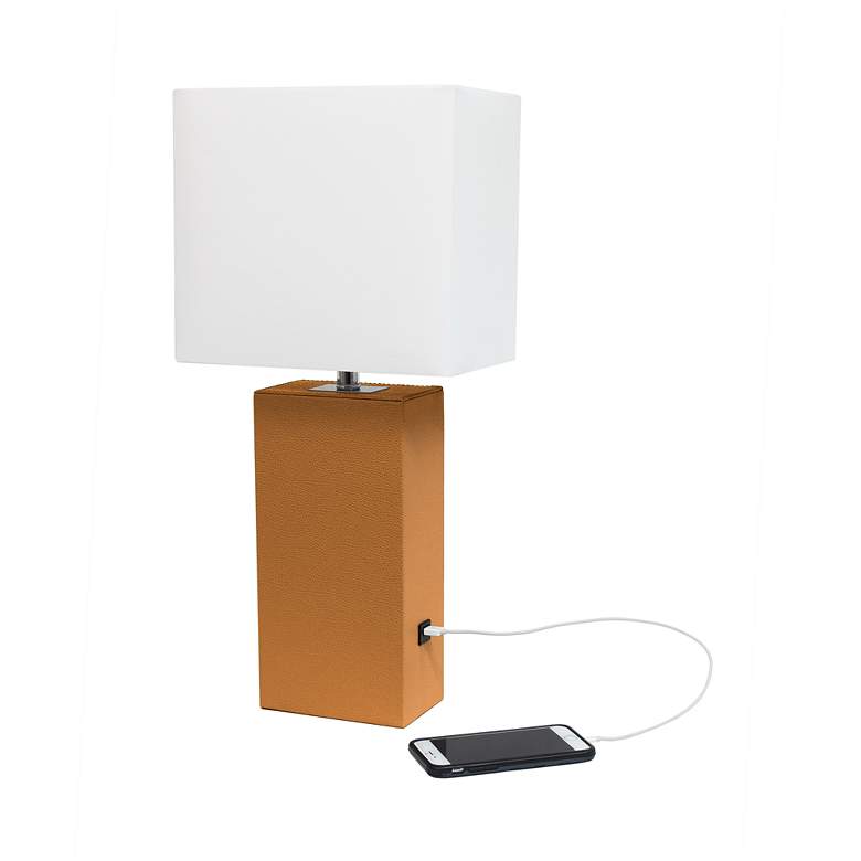 Image 5 Elegant Designs Tan Leather Table Lamp with USB Port more views