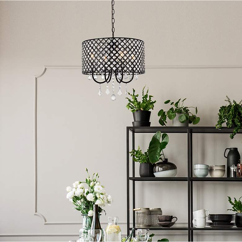 Image 3 Elegant Lighting Elise 17" Black Finish Crystal Drum Pendant more views