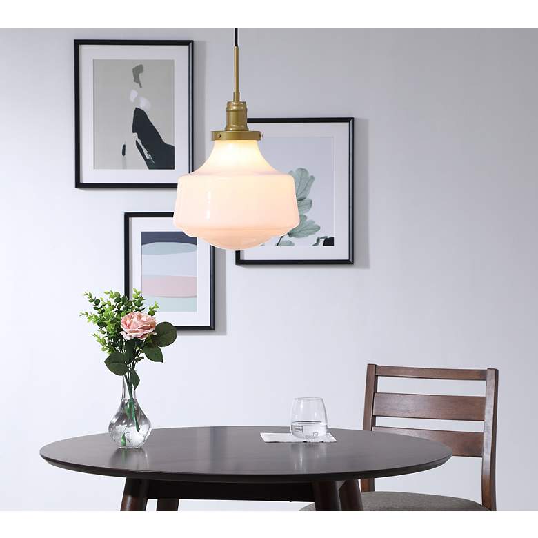Image 3 Elegant Lighting Lyle 11" Brass and White Glass Schoolhouse Pendant more views