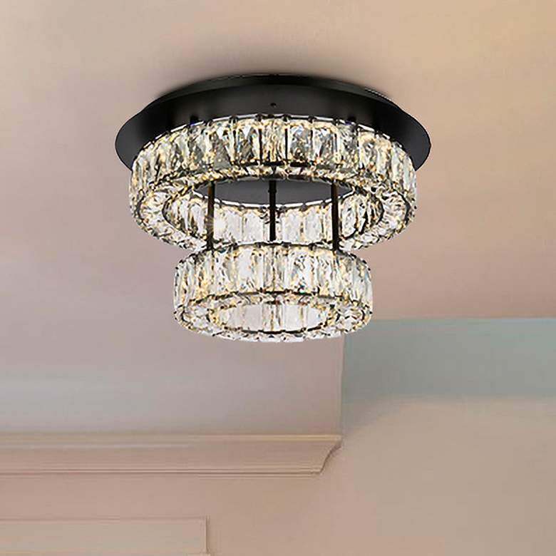 Image 2 Elegant Lighting Monroe 18" Black and Crystal 2-Tier LED Ceiling Light