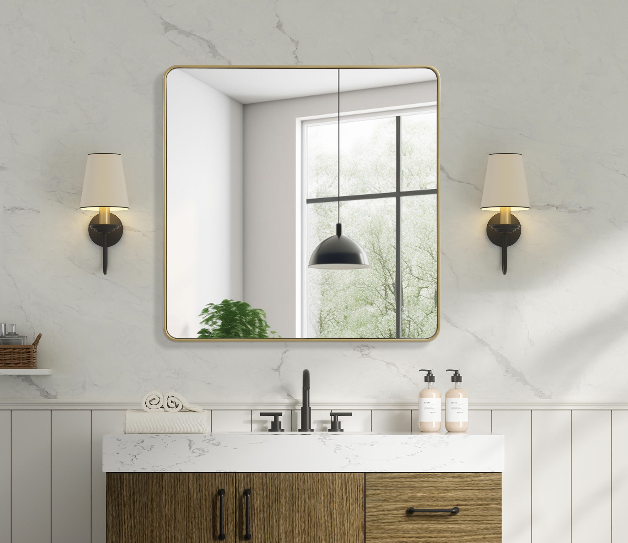 Image 3 Elegant Remy Contour Metal Square Mirror 48x48 in Brass more views