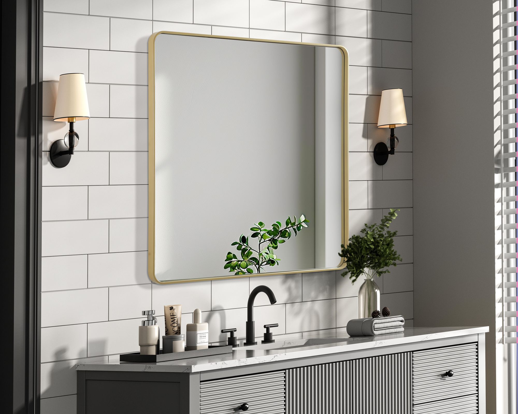 Image 4 Elegant Remy Contour Metal Square Mirror 48x48 in Brass more views