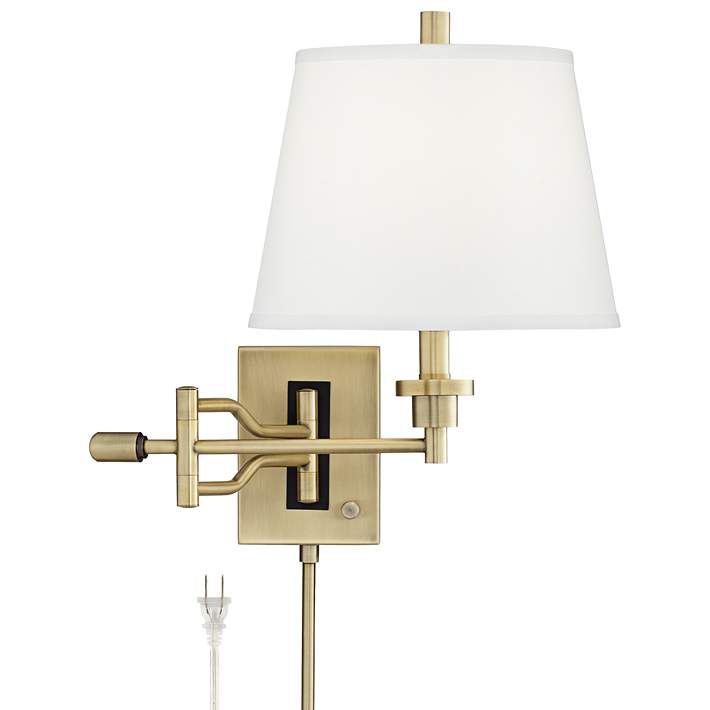 Barnes and Ivy Eleganta Modern Swing Arm Wall Lamp Brushed Satin Brass Plug-In Light Fixture Dimmable White Linen Empire Shade for Bedroom Bedside