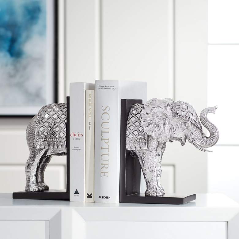 Image 1 Elephant 9 1/4" High Silver Book Ends