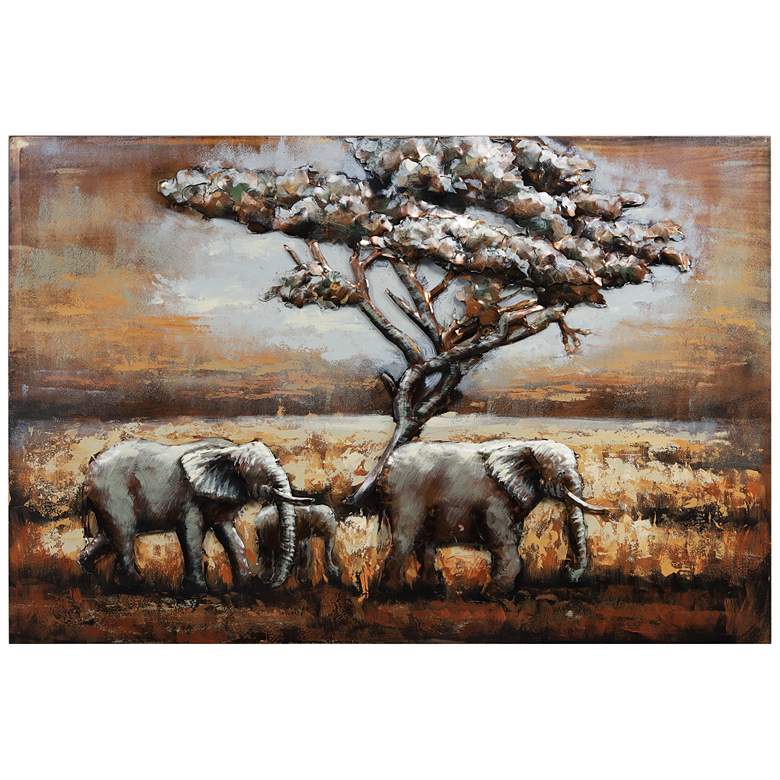 Image 2 Elephants 48 inch Wide Mixed Media Metal Dimensional Wall Art