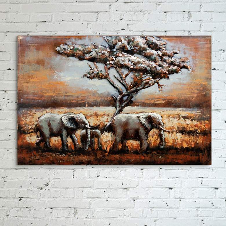 Elephants 48&quot; Wide Mixed Media Metal Dimensional Wall Art