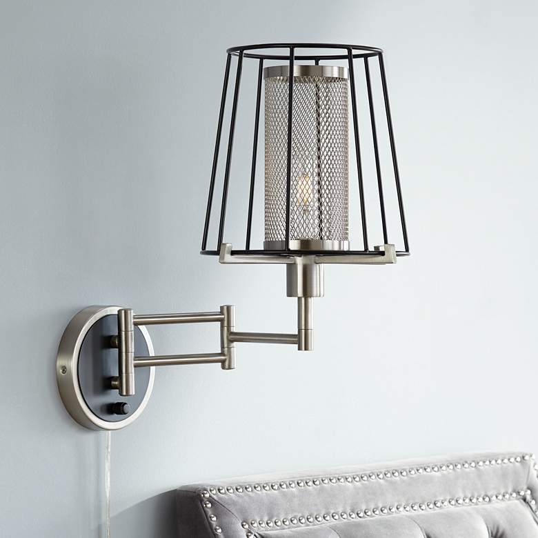 Image 1 Eli Brushed Nickel and Matte Black Cage Swing Arm Wall Lamp