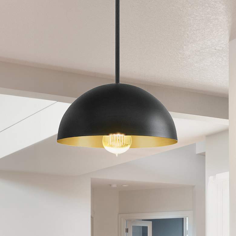 Image 1 Elias 9" Wide Dome Matte Black And Gold Pendant