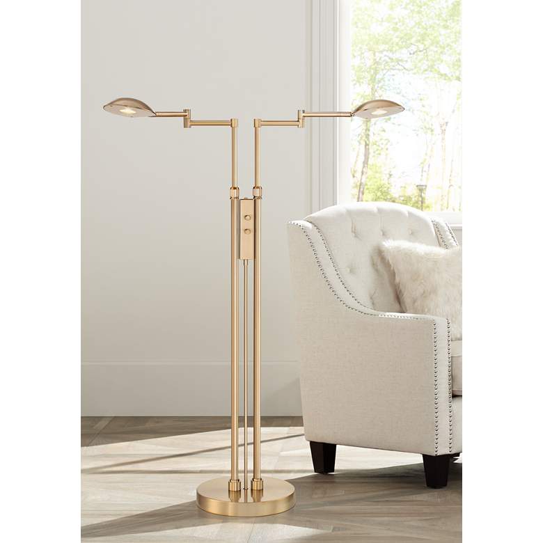 Image 1 Eliptik French Brass Satin LED Double Swing Arm Floor Lamp