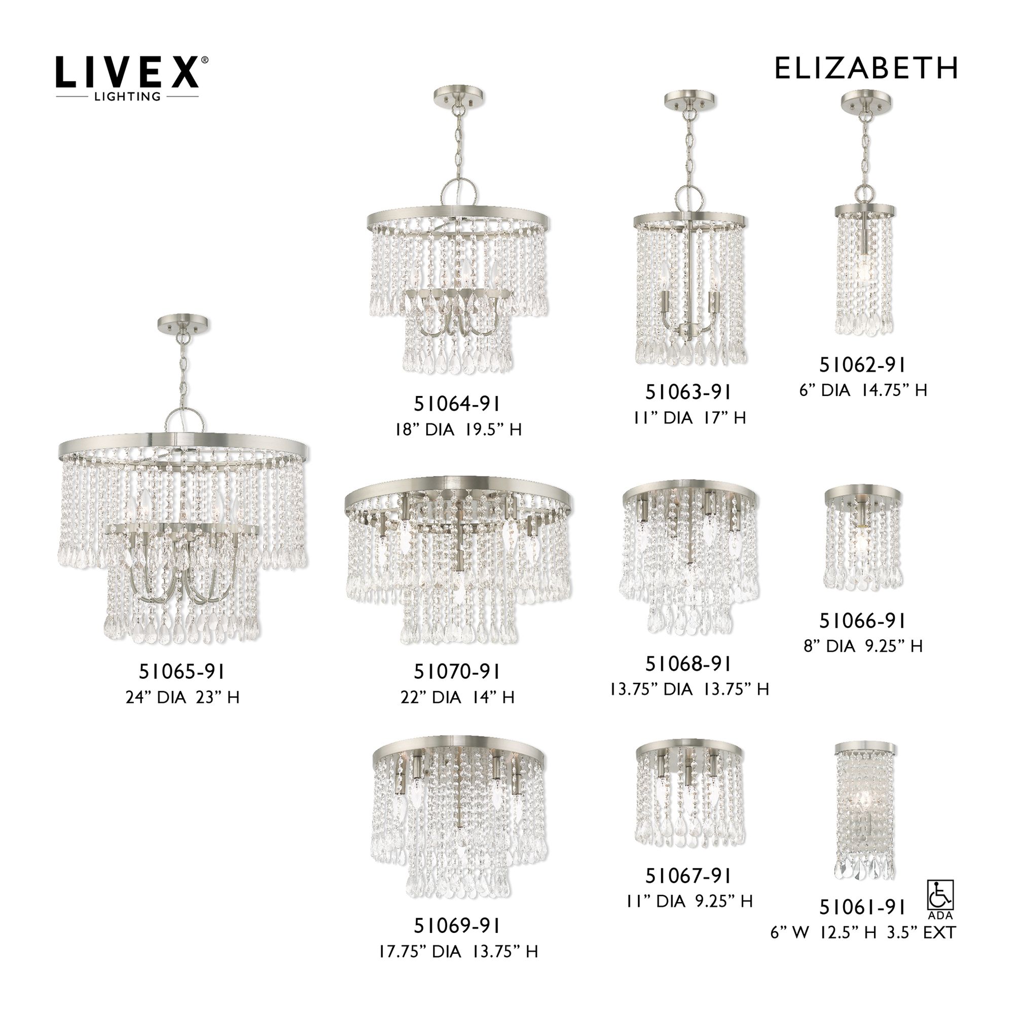 Elizabeth 5 Light Brushed Nickel Ceiling Mount