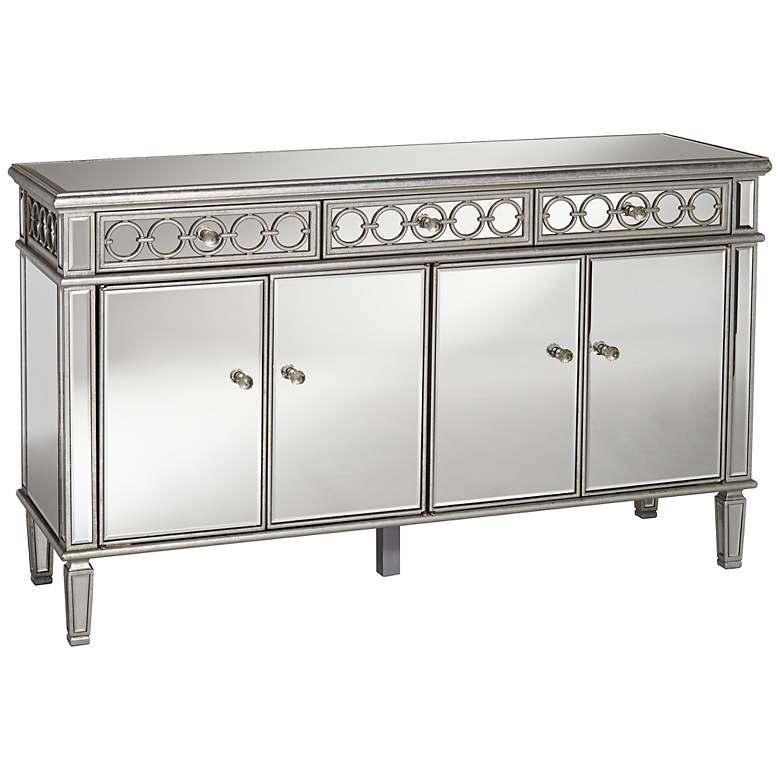 Elizabeth 60 inch Wide 4-Door Silver Mirrored Buffet Cabinet