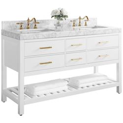 Elizabeth 60&quot;W Gold Hardware White Marble Double Sink Vanity