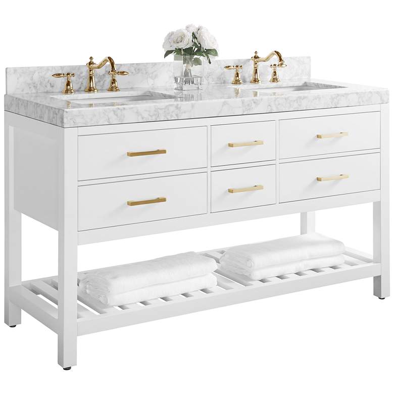 Image 1 Elizabeth 60"W Gold Hardware White Marble Double Sink Vanity