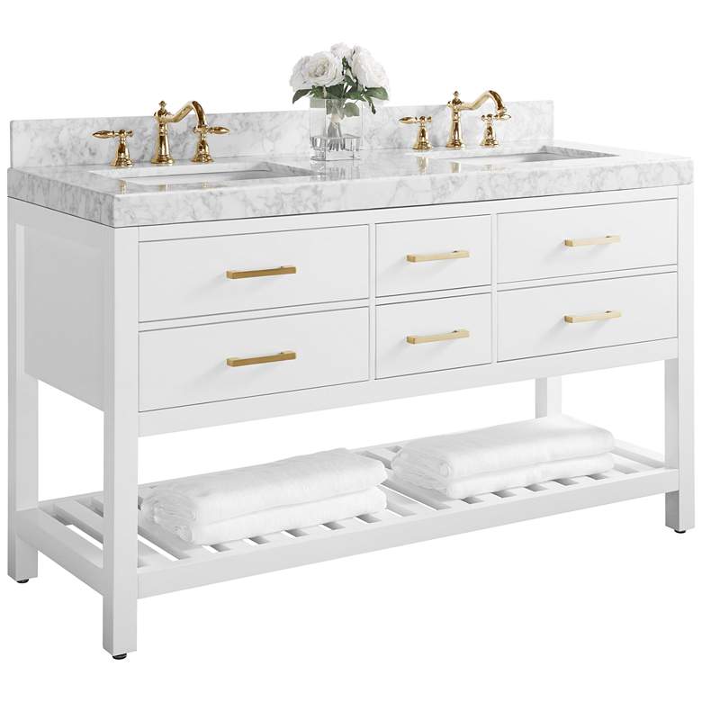 Image 1 Elizabeth 60 inchW Gold Hardware White Marble Double Sink Vanity