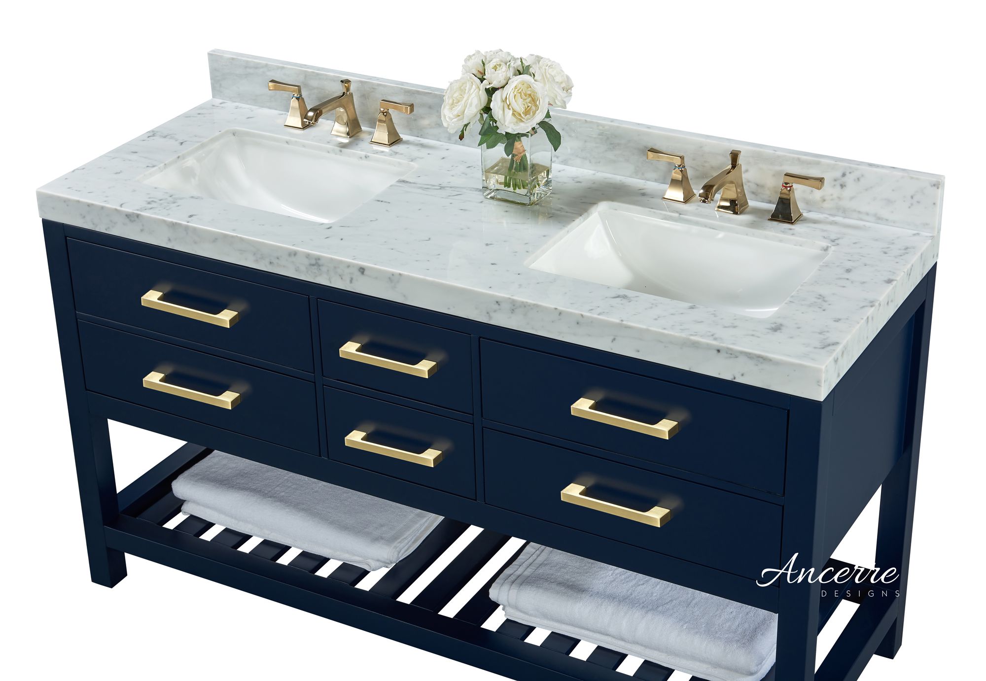 Elizabeth 60"W Heritage Blue White Marble Double Sink Vanity